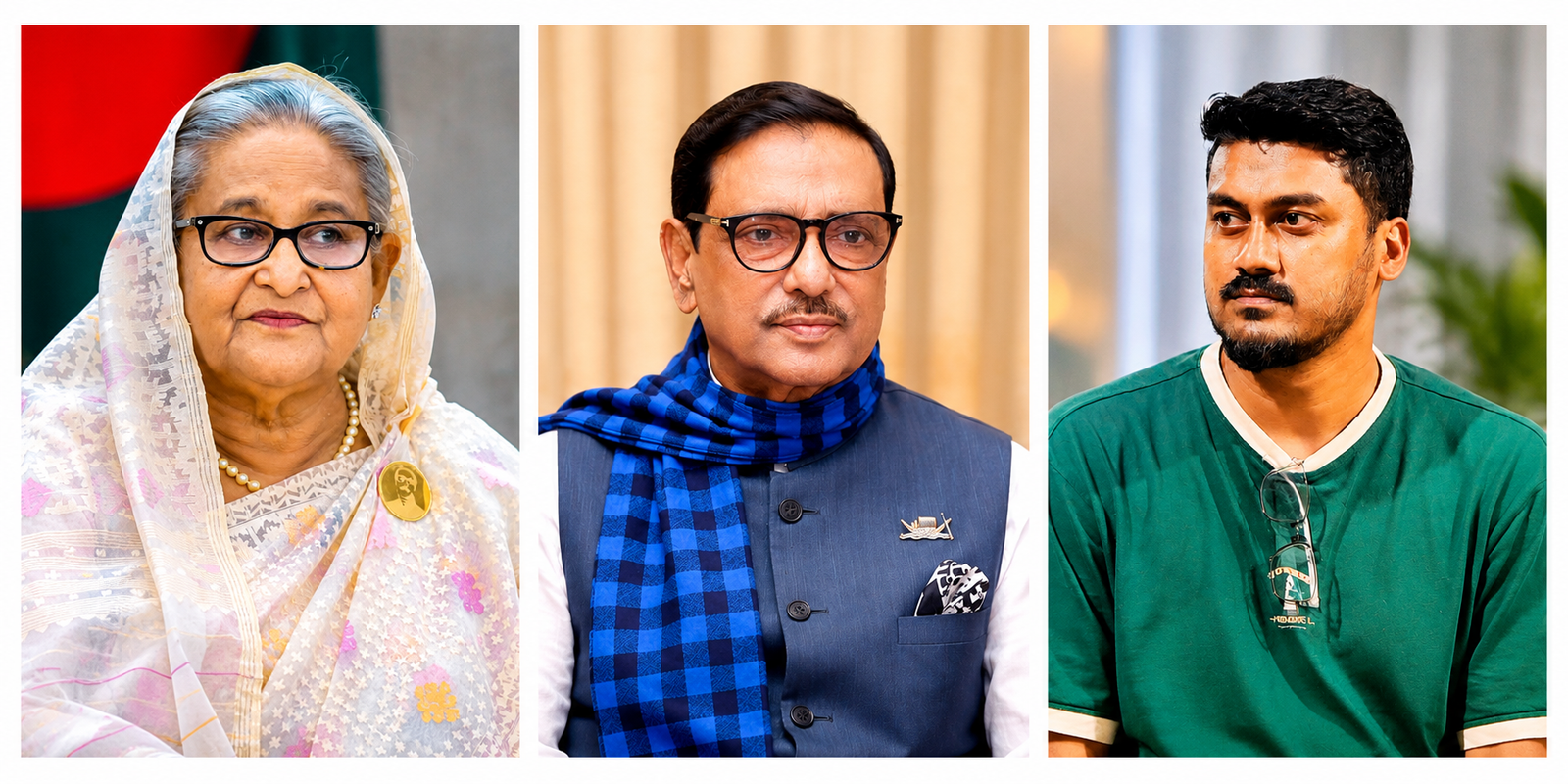 ফজলুল করিম হত্যা মামলায় আসামি শেখ হাসিনা, ওবায়দুল কাদের ও সাংবাদিক শাহরিয়ার রিজবির কোলাজ ছবি